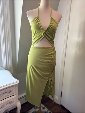 Zaful Ribbed Halter Cutout Midi Dress Green Ruched Side Slit Stretch Size XL